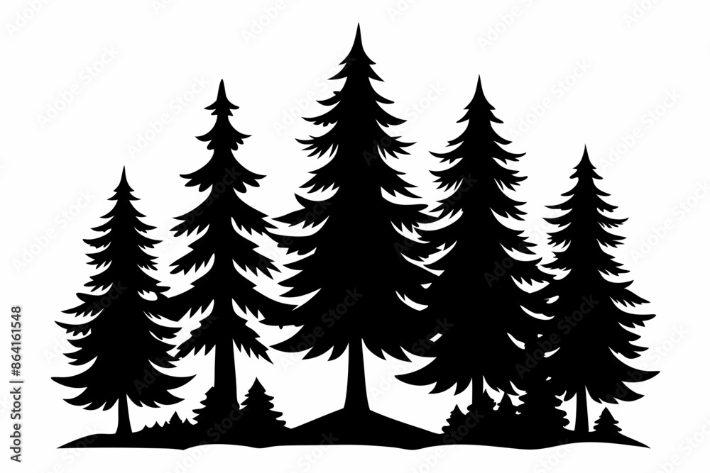 Obraz premium Pine tree silhouettes, Fir trees silhouette. Evergreen forest firs and spruces black shapes, wild nature trees templates. Vector illustration woodland trees set on white background