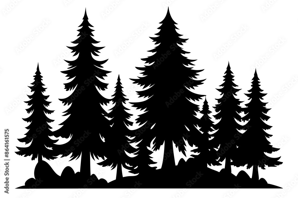 Pine tree silhouettes, Fir trees silhouette. Evergreen forest firs and spruces black shapes, wild nature trees templates. Vector illustration woodland trees set on white background Pine tree silhouettes, Fir trees silhouette. Evergreen forest firs and spruces black shapes, wild nature trees templates. Vector illustration woodland trees set on white background