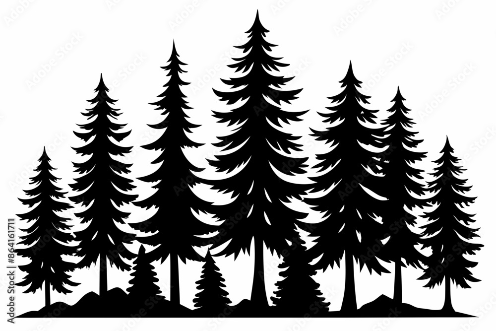 Obraz premium Pine tree silhouettes, Fir trees silhouette. Evergreen forest firs and spruces black shapes, wild nature trees templates. Vector illustration woodland trees set on white background