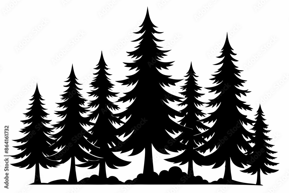 Obraz premium Pine tree silhouettes, Fir trees silhouette. Evergreen forest firs and spruces black shapes, wild nature trees templates. Vector illustration woodland trees set on white background