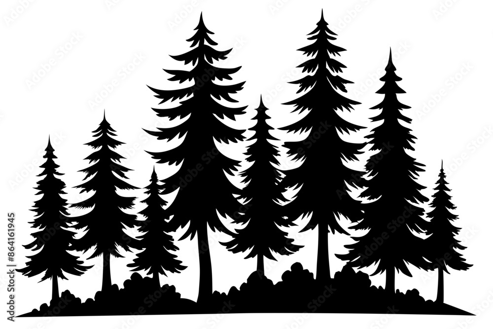 Obraz premium Pine tree silhouettes, Fir trees silhouette. Evergreen forest firs and spruces black shapes, wild nature trees templates. Vector illustration woodland trees set on white background