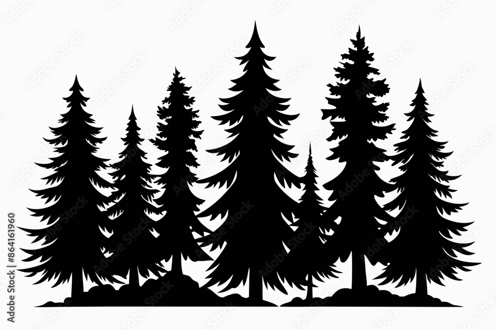 Obraz premium Pine tree silhouettes, Fir trees silhouette. Evergreen forest firs and spruces black shapes, wild nature trees templates. Vector illustration woodland trees set on white background