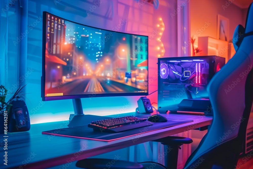 High-Tech Gaming Setup in Neon-Lit Room High-Tech Gaming Setup in Neon-Lit Room