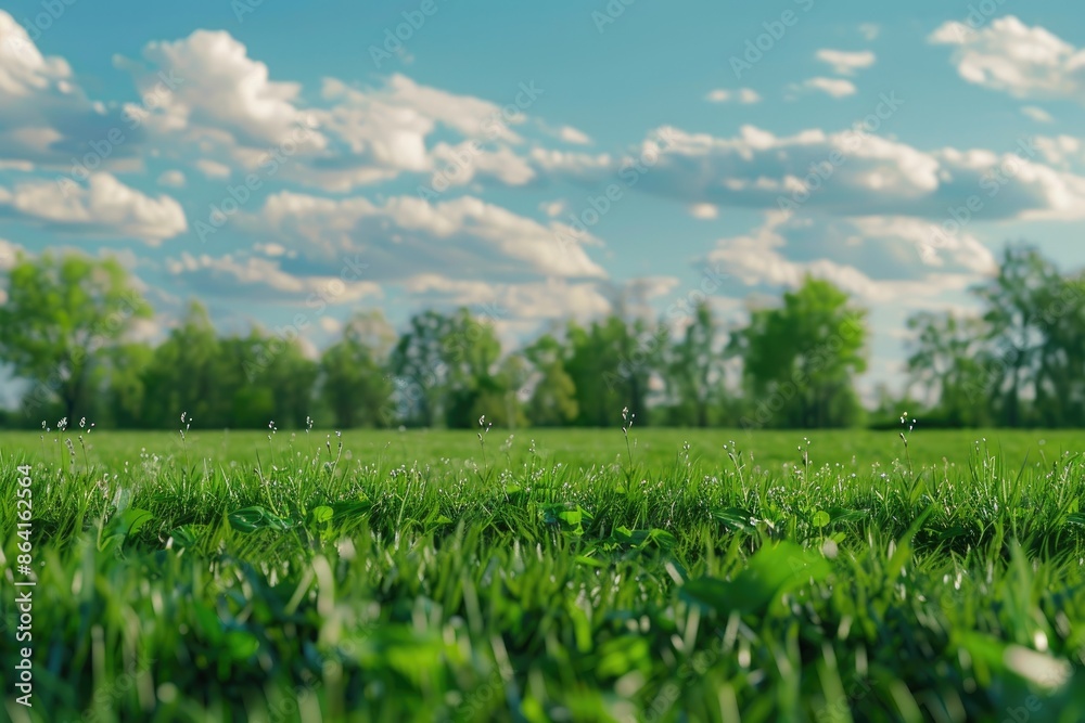 Panoramic natural landscape with green grass field, blue sky with clouds and and and blurry trees in background. Panorama summer spring meadow Panoramic natural landscape with green grass field, blue sky with clouds and and and blurry trees in background. Panorama summer spring meadow