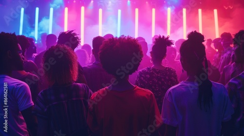 people with their backs turned in a disco with neon lights