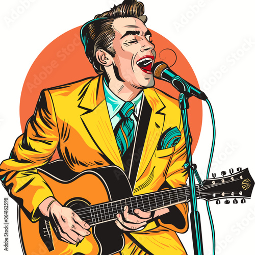 Retro style vector illustration of a man playing the guitar and singing.