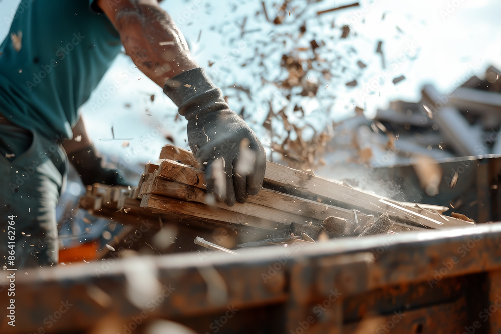 Close-up of a worker handling wooden planks with protective gloves in a dynamic setting, showcasing carpentry and woodworking skills. Close-up of a worker handling wooden planks with protective gloves in a dynamic setting, showcasing carpentry and woodworking skills.