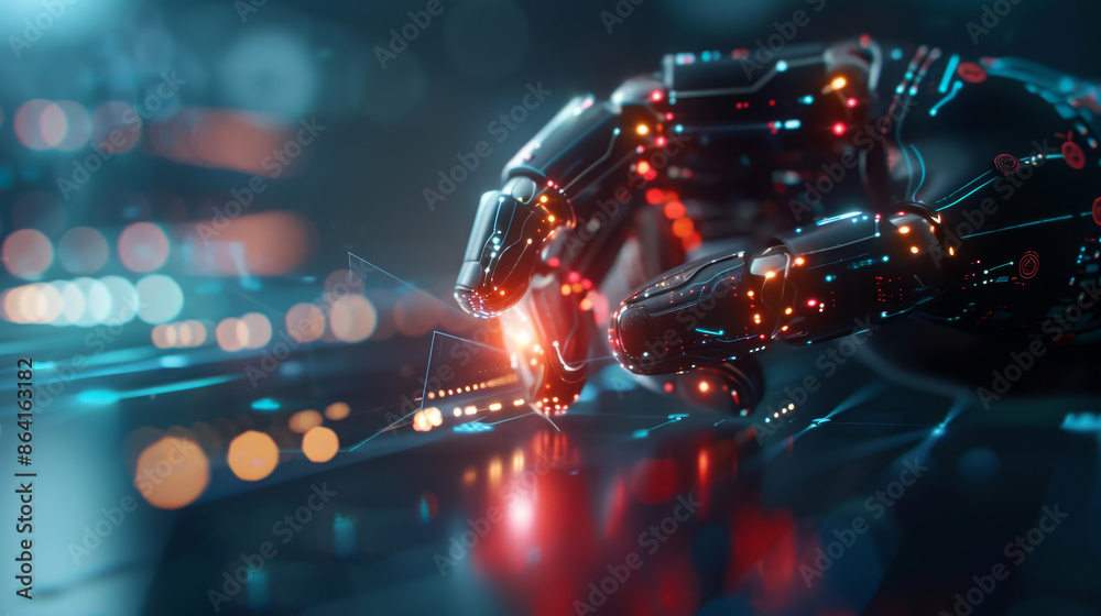 Futuristic robotic hand with glowing LEDs interacting with a high-tech interface in a cyberpunk environment, symbolizing advanced technology. Futuristic robotic hand with glowing LEDs interacting with a high-tech interface in a cyberpunk environment, symbolizing advanced technology.
