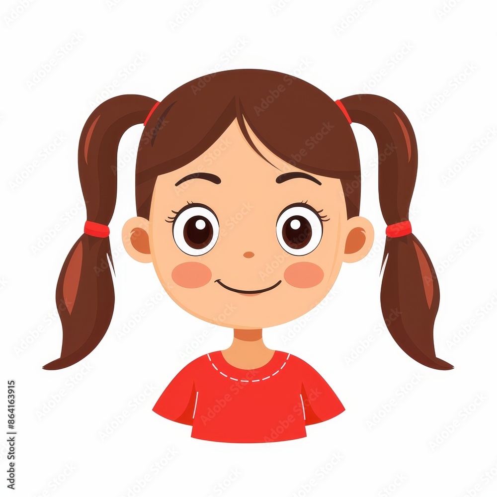Cartoon character. Baby girl with brown hair and pigtails. Baby girl icon. Child icon. Child icon. Funny kid head. Kawaii cartoon character. Decoration for invitations, greeting cards, posters. Flat Cartoon character. Baby girl with brown hair and pigtails. Baby girl icon. Child icon. Child icon. Funny kid head. Kawaii cartoon character. Decoration for invitations, greeting cards, posters. Flat