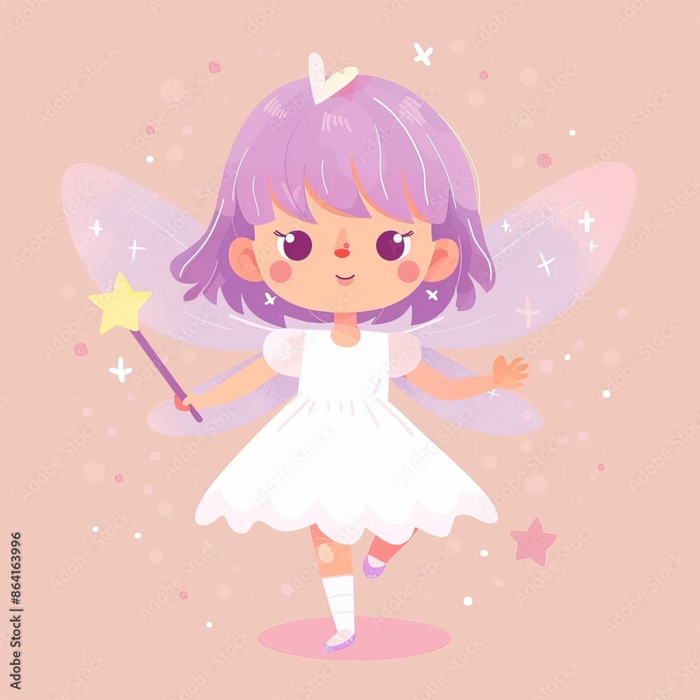 Fairy with wings. Paper doll. Blue flower dress. Hair ornament, magic wand. Cartoon kawaii funny magic character. Flat design. Purple background. Isolated. Fairy with wings. Paper doll. Blue flower dress. Hair ornament, magic wand. Cartoon kawaii funny magic character. Flat design. Purple background. Isolated.
