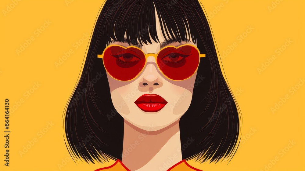 Woman with bangs hair, wearing heart-shaped sunglasses. Cartoon character with gorgeous facial features and red lips. Flat design. Yellow background. Beautiful brunette with bangs hair, wearing a Woman with bangs hair, wearing heart-shaped sunglasses. Cartoon character with gorgeous facial features and red lips. Flat design. Yellow background. Beautiful brunette with bangs hair, wearing a