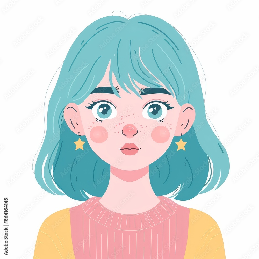 Avatar for social networks. Pink lipstick makeup. Flat design. White background. Portrait of woman. Long blue hair. Young girl face. Stylish hairstyle. Pretty lady female. Front view. Avatar for social networks. Pink lipstick makeup. Flat design. White background. Portrait of woman. Long blue hair. Young girl face. Stylish hairstyle. Pretty lady female. Front view.