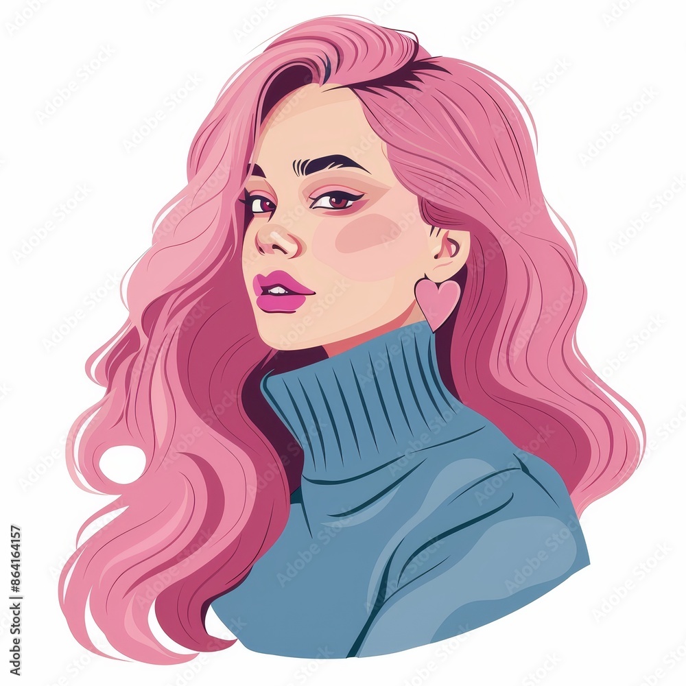 Female portrait. Styled hairstyle. Pink hair. Stylish woman. Front view. Avatar for social networks. Pink lipstick makeup. Flat design. White background. Female portrait. Styled hairstyle. Pink hair. Stylish woman. Front view. Avatar for social networks. Pink lipstick makeup. Flat design. White background.