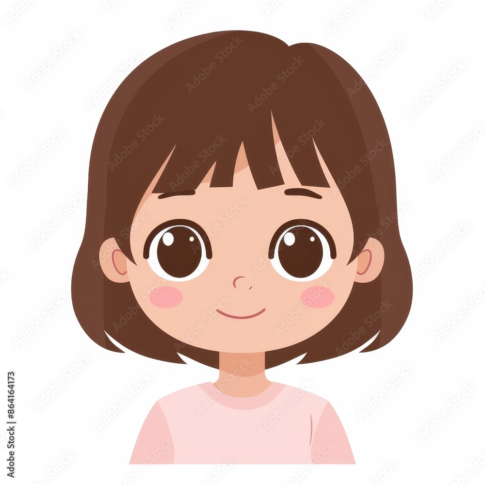 Child icon. Funny kid head. Cartoon kawaii character. Face with a smile. Black bob hair. Invitation, greeting card, poster print design. Flat design White background. Child icon. Funny kid head. Cartoon kawaii character. Face with a smile. Black bob hair. Invitation, greeting card, poster print design. Flat design White background.