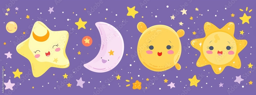 A cartoon kawaii funny baby character with a smile on his face. Yellow color. Educational cards for kids. Childish style. Flat design. Isolated. Violet background Vector. A cartoon kawaii funny baby character with a smile on his face. Yellow color. Educational cards for kids. Childish style. Flat design. Isolated. Violet background Vector.