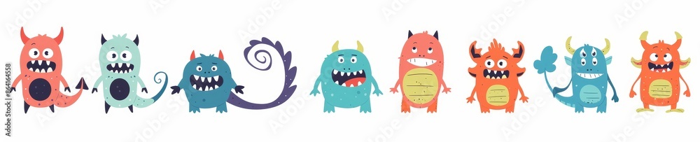 This Monster Set Line has a cute face with teeth, horns, eyes, and hands. Colorful silhouette monsters. A childish collection on white background. Modern flat design. This Monster Set Line has a cute face with teeth, horns, eyes, and hands. Colorful silhouette monsters. A childish collection on white background. Modern flat design.