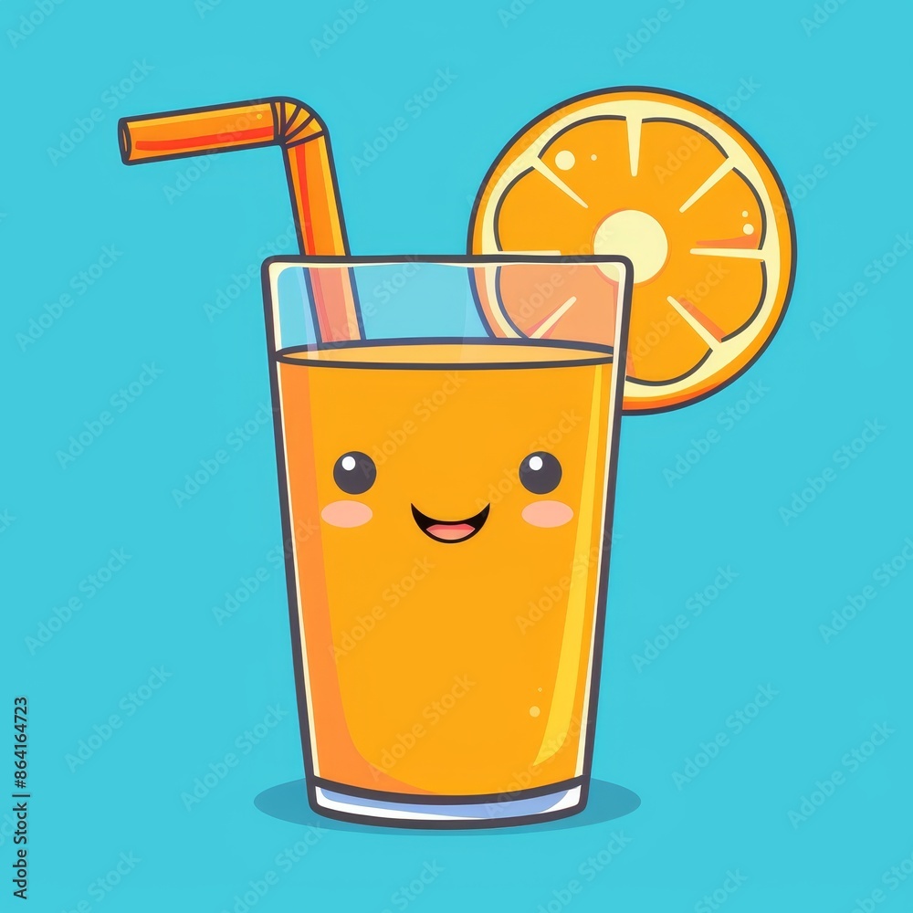 Cute smiling orange juice glass. Eyes, mouth, cheeks. Fruit drink icon. Contour line doodle. Kawaii funny food character. Childish design. Flat design. Blue background. Modern illustration. Cute smiling orange juice glass. Eyes, mouth, cheeks. Fruit drink icon. Contour line doodle. Kawaii funny food character. Childish design. Flat design. Blue background. Modern illustration.