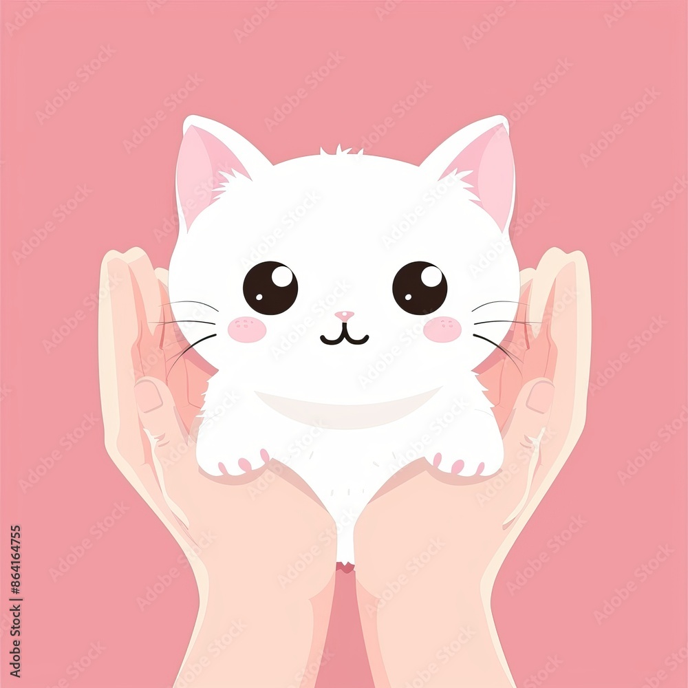 The cat is holding up paw prints. A cartoon kawaii baby character is shown with small pink nostrils, ears, and big eyes. Pet animal. Funny kitten. Sticker print. Flat design. Pink background. The cat is holding up paw prints. A cartoon kawaii baby character is shown with small pink nostrils, ears, and big eyes. Pet animal. Funny kitten. Sticker print. Flat design. Pink background.