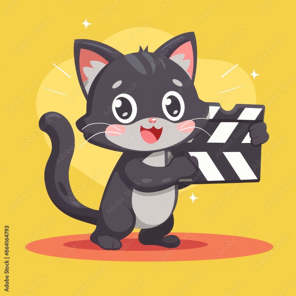 Isolated. Cartoon cat holding movie clapper board. Isolated kitten watching movie. Film show. Kids sticker print. Flat design. Yellow background. Isolated. Cartoon cat holding movie clapper board. Isolated kitten watching movie. Film show. Kids sticker print. Flat design. Yellow background.
