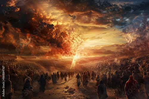 epic biblical scene depicting the israelites exodus from egypt with a vast crowd traversing a barren desert landscape led by a pillar of fire against a dramatic stormy sky