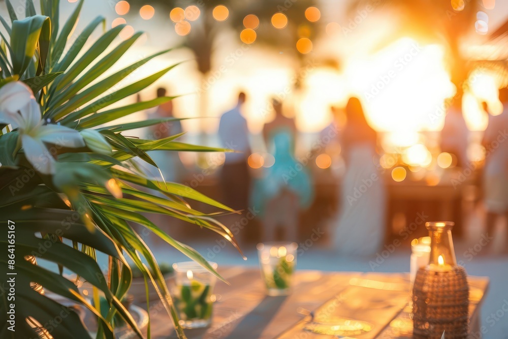 ethereal beachside soiree at golden hour wooden table adorned with tropical foliage blurred partygoers in background warm lighting soft focus ethereal beachside soiree at golden hour wooden table adorned with tropical foliage blurred partygoers in background warm lighting soft focus