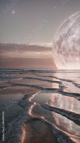 Fantastic vertical background with the moon sinking into the ocean. A natural landscape with the sea.