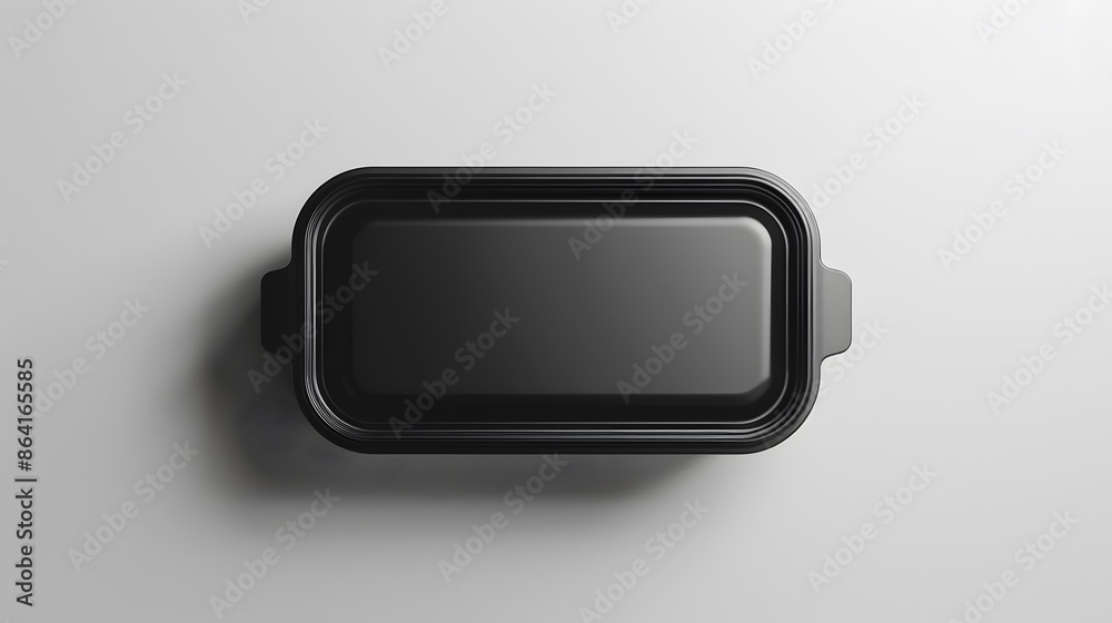Digital rendering of a sleek, black reusable food container, showcased on a plain background, viewed from above. Digital rendering of a sleek, black reusable food container, showcased on a plain background, viewed from above.