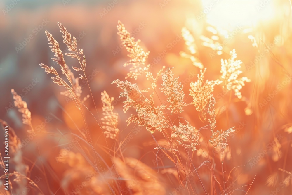 Beautiful meadow with ears of wild grass in the sunlighty. Nature field background with sun flare. Sunny spring summer or autumn nature backdrop. Peach fuzz - color of the year 2024 Beautiful meadow with ears of wild grass in the sunlighty. Nature field background with sun flare. Sunny spring summer or autumn nature backdrop. Peach fuzz - color of the year 2024