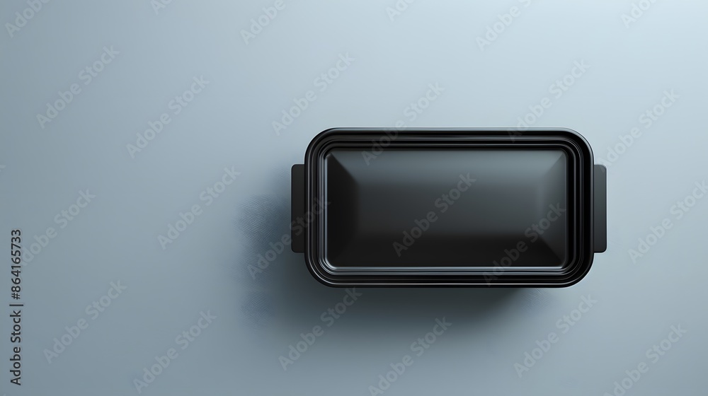 Digital rendering of a sleek, black reusable food container, showcased on a plain background, viewed from above.