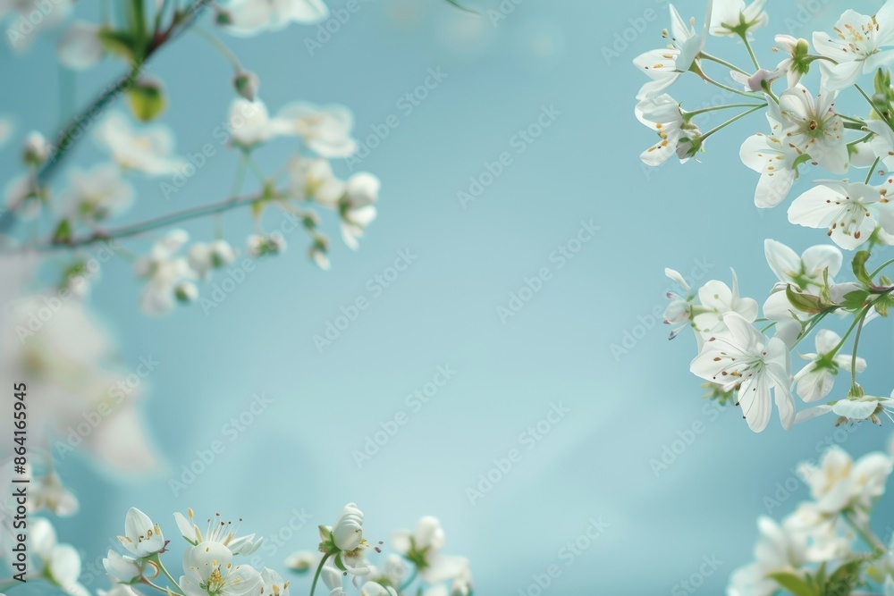 Fototapeta premium Delicate white spring forest flowers on a blue background. Spring natural flower background. Border of flowers