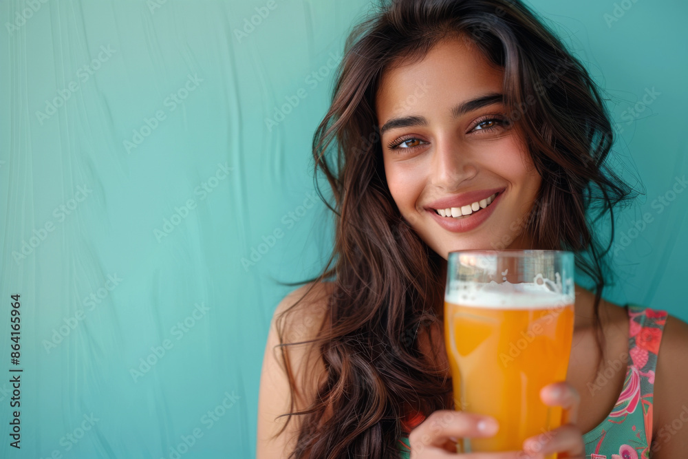 A cheerful Indian woman holding a beer, showcasing beer's beneficial effects on beauty A cheerful Indian woman holding a beer, showcasing beer's beneficial effects on beauty