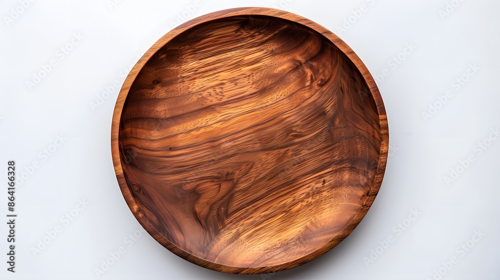 Empty wooden plate on white background, top view, flat lay. The empty wood bowl is made of natural acacia and a visible grain texture for serving food or as a design concept. Empty wooden plate on white background, top view, flat lay. The empty wood bowl is made of natural acacia and a visible grain texture for serving food or as a design concept.
