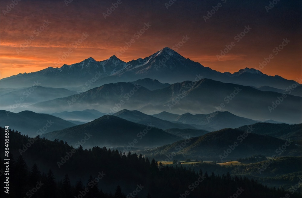 Obraz premium mountain landscape background with sunset sky