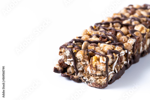 Healthy Muesli bars with nut and black chocolate isolated on white background. Copy space