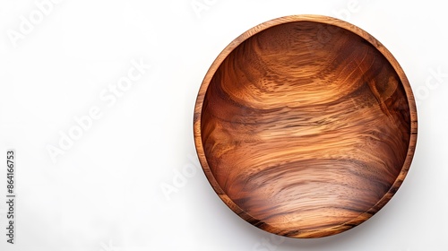 Empty wooden plate on white background, top view, flat lay. The empty wood bowl is made of natural acacia and a visible grain texture for serving food or as a design concept. photo