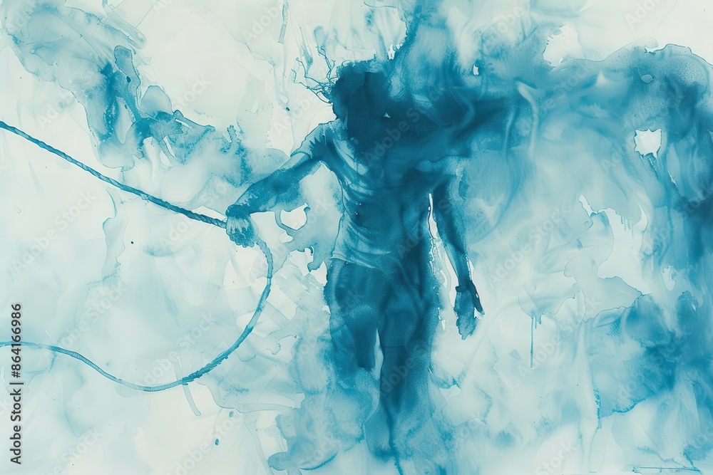 ethereal watercolor illustration of rope worker silhouette misty blue ...