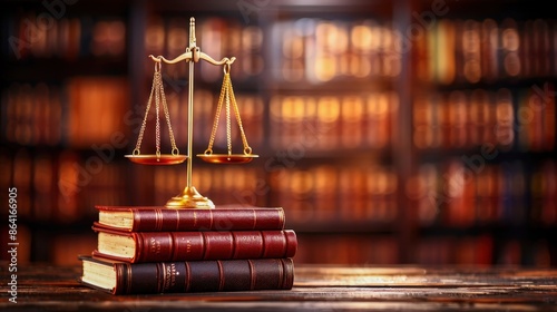 Scales of justice on law books in a library, symbolizing law and order. Legal expertise and comprehensive law knowledge.