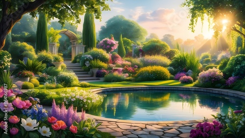 Enchanted Garden at Sunrise Featuring a Calm Pond and Vibrant Florals