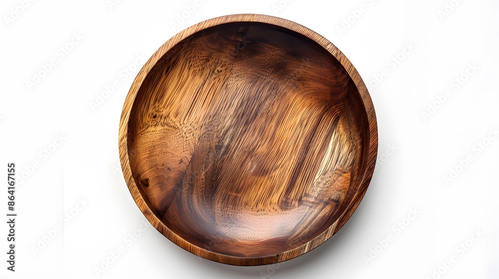 Empty wooden plate on white background, top view, flat lay. The empty wood bowl is made of natural acacia and a visible grain texture for serving food or as a design concept. Empty wooden plate on white background, top view, flat lay. The empty wood bowl is made of natural acacia and a visible grain texture for serving food or as a design concept.