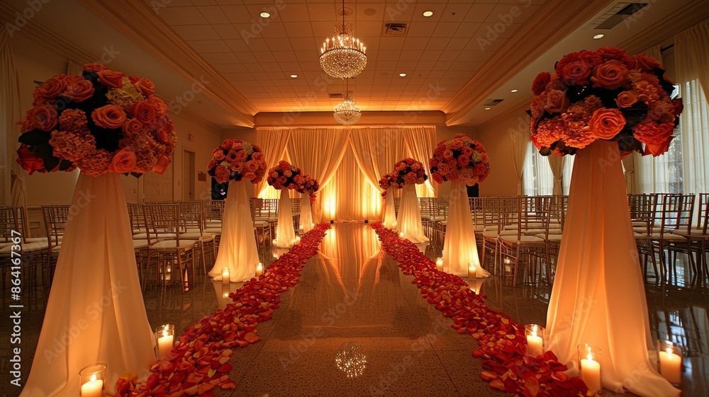 A beautiful wedding aisle with red rose petals, tall flower stands, and a mirrored runner. A beautiful wedding aisle with red rose petals, tall flower stands, and a mirrored runner.