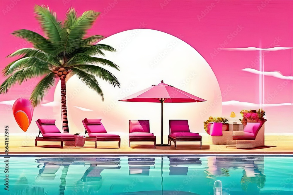 Obraz premium AI Image Generator, swimming pool and loungers umbrellas near beach and sea with palm trees and blue sky