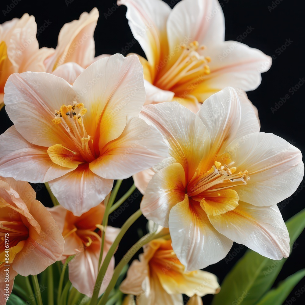 Fototapeta premium Delicate White and Yellow Flowers with Black Background.