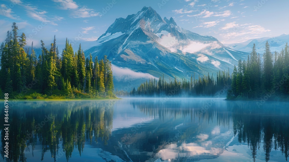 Naklejka premium Scenic view of a mountain and lake in summer