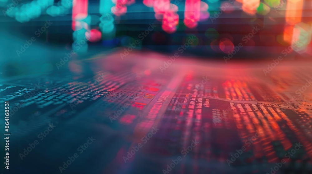 Fototapeta premium Stock chart, financial newspaper, close up, focus on, copy space, vibrant colors, Double exposure silhouette with market analysis