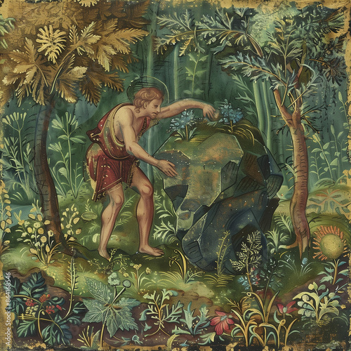 "Surreal Man Interacting with Stone in Ornate Forest Scene" 