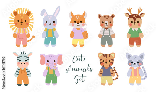 Children’s Cute Animals Set. Lion, Bunny, Fox, Bear, Deer, Zebra, Elephant, Tiger, Raccoon. Vector Illustration in Children's Style on White Background.