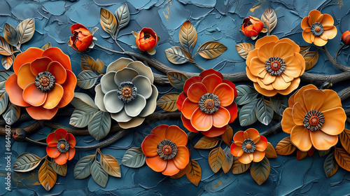 Fototapeta Naklejka Na Ścianę i Meble -  Elegant colorful with vibrant flower hanging branches illustration background. Bright color 3d abstraction wallpaper for interior mural, Generated by AI