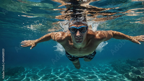Swimmer in crystal clear Mediterranean water. © Janis Smits