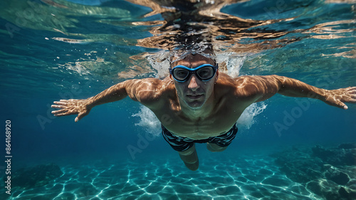 Swimmer in crystal clear Mediterranean water.