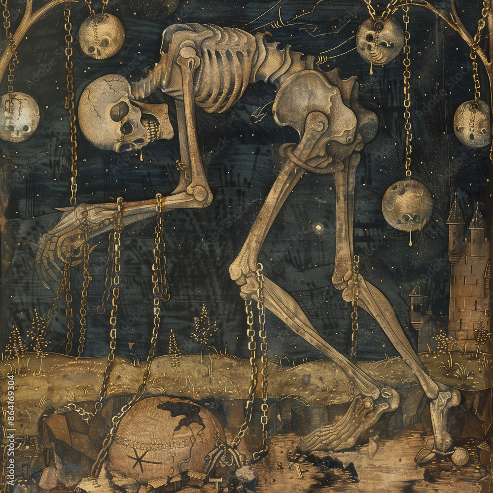 A Skeleton Bound by Chains Under a Surreal Gothic Sky with Floating Orbs
A Skeleton Bound by Chains Under a Surreal Gothic Sky with Floating Orbs